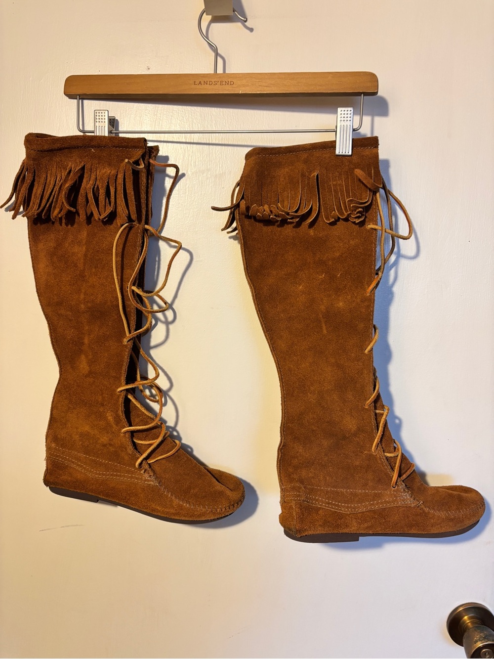 Minnetonka Chestnut Suede Fringe Lace-Up Over-The-Knee Boots